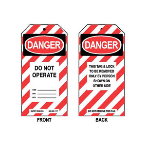 DANGER - DO NOT OPERATE - NAME - DEPT - DATE (THIS TAG & LOCK TO BE REMOVED ONLY BY PERSON SHOWN ON OTHER SIDE - ON BACK)