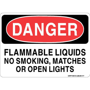 DANGER FLAMMABLE LIQUIDS NO SMOKING, MATCHES OR OPEN LIGHTS SIGN