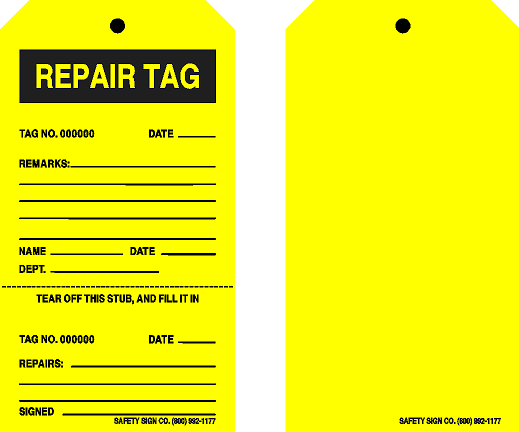 CONSECUTIVELY NUMBERED REPAIR TAG (BLANK BACK)