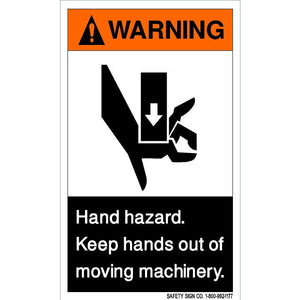 WARNING HAND HAZARD. KEEP HANDS OUT OF MOVING MACHINERY (STALAR® Vinyl Press On)