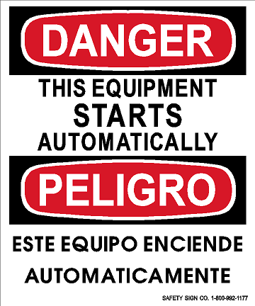 DANGER THIS EQUIPMENT STARTS AUTOMATICALLY (ENGLISH / SPANISH) STALAR PRESS-ON DECAL